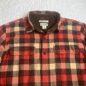 Vintage L.L. Bean men's red brown plaid fleece lined flannel button shirt warm L